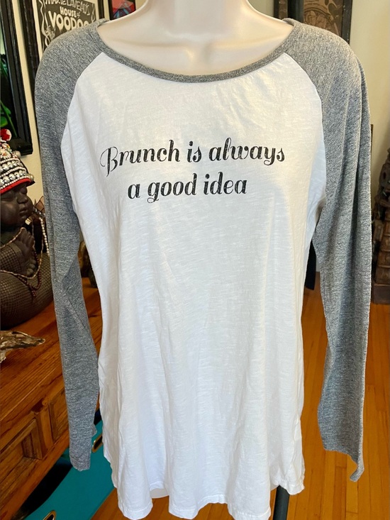 Original Retro Brand Tops - Retro Brand Gray & White “Brunch is Always a Good Idea” LS Ringer Top XL